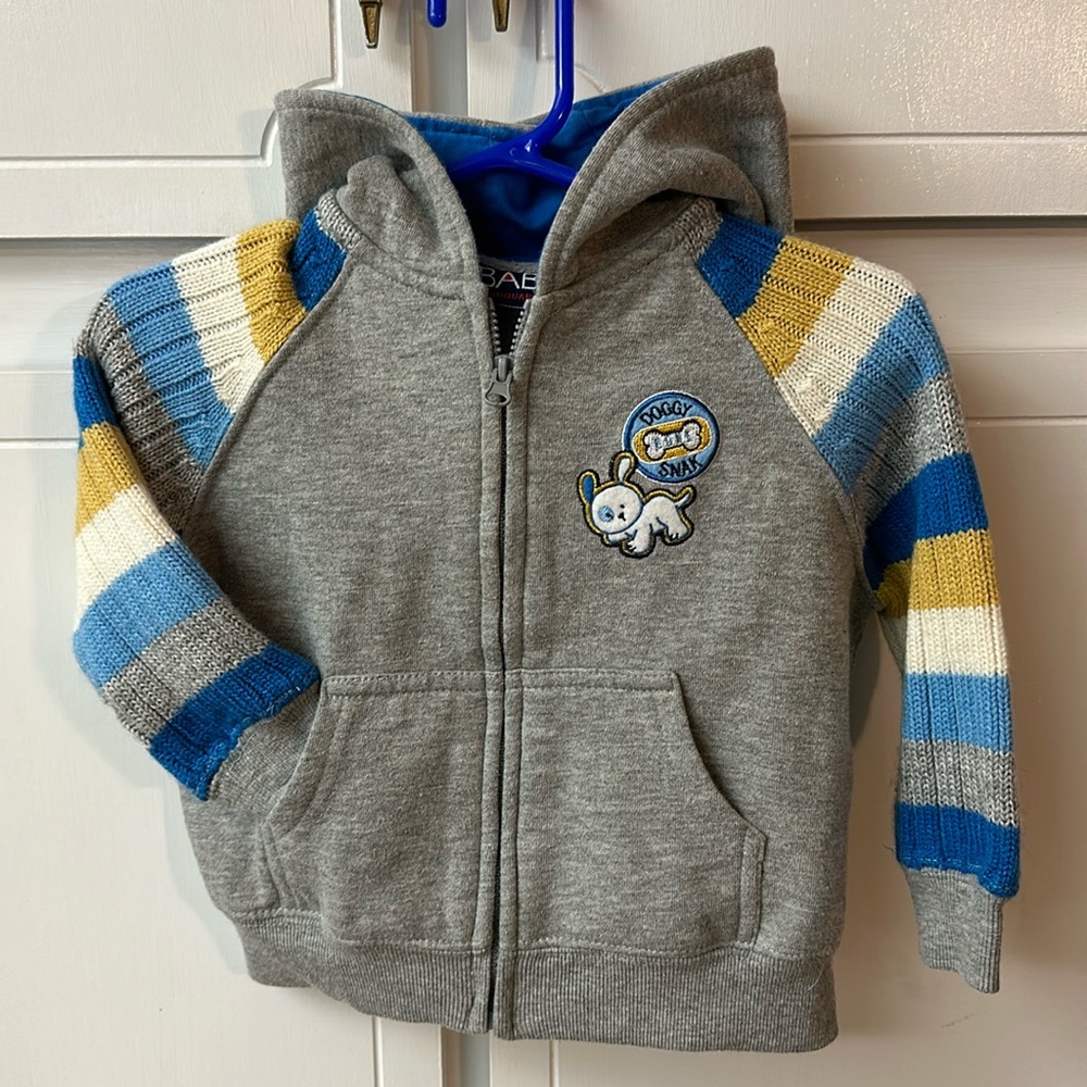 LIKE NEW BABY HEADQUARTERS HOODIE ZIP UP JACKET. Size 12M. Grey blue/gold/ivory.